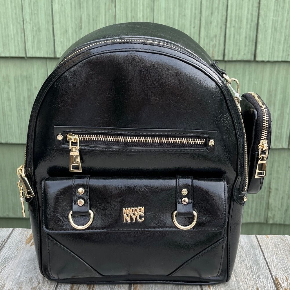 Madden NYC Black Faux Leather Mini Backpack with Gold Hardware